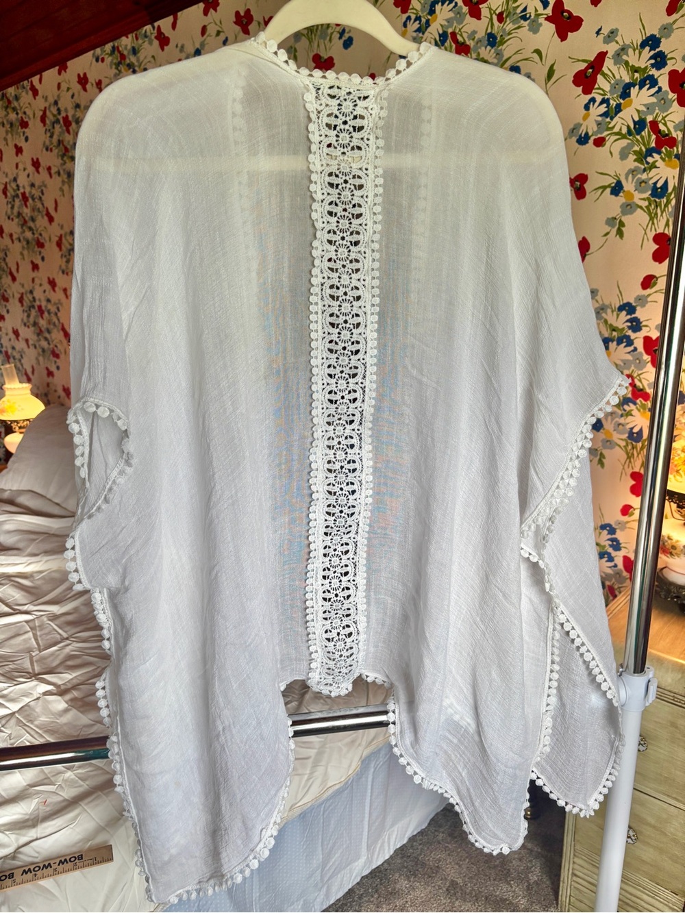 steve madden white crochet trim kimono cover up osfm beach boho resort fairycore - Picture 3 of 5